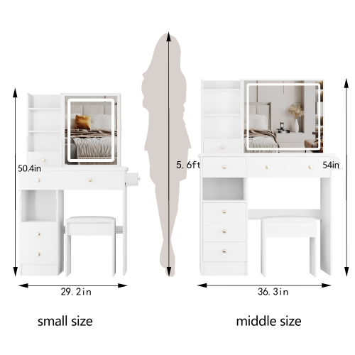 29.2" Small Size Left Drawer Desktop Vanity Table + Cushioned Stool, 2 AC+2 USB Power Station, Hair dryer bracket, Extra Large Touch Control Sliding LED Mirror, Tri-color Switching, Brightness Adjust