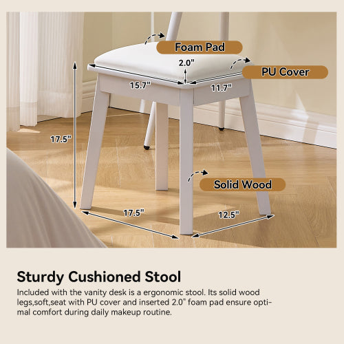 Modern Makeup Vanity Desk with LED Lights & Mirror, 4 Drawer Dressing Table Set with Stool, 3 Colors Dimmable Brightness, Space-Saving for Bedroom, White