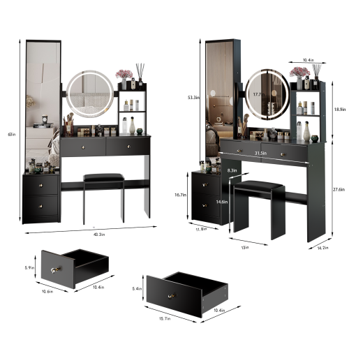 Full Body Mirror Cabinet + Round Mirror LED Vanity Table + Cushioned Stool, 17" diameter LED Mirror, Touch Control, 3-color, Brightness adjustable, Large Desktop, Multi-layer High Capacity Storage