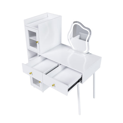 Vanity Dressing Table with LED Mirror & Storage – White Makeup Desk Features 3 Drawers, 2 Open Shelves & 4 Hidden Cabinets (Transparent Doors) - 3 Adjustable Lighting Modes - Ideal for Bedroom or Livi