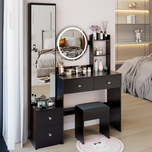 Full Body Mirror Cabinet + Round Mirror LED Vanity Table + Cushioned Stool, 17" diameter LED Mirror, Touch Control, 3-color, Brightness adjustable, Large Desktop, Multi-layer High Capacity Storage