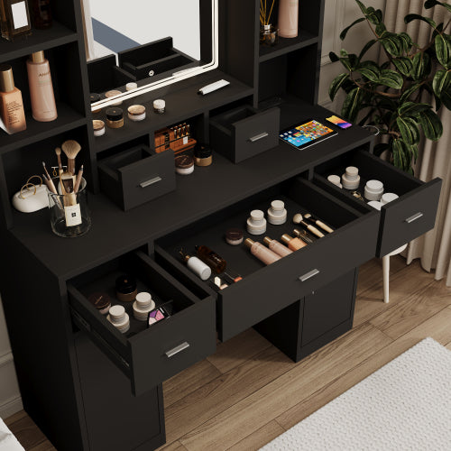 The Black dressing table with LED mirror is equipped with a hair dryer rack, and the dressing tables in the bedroom and dressing room are equipped with dressing stools