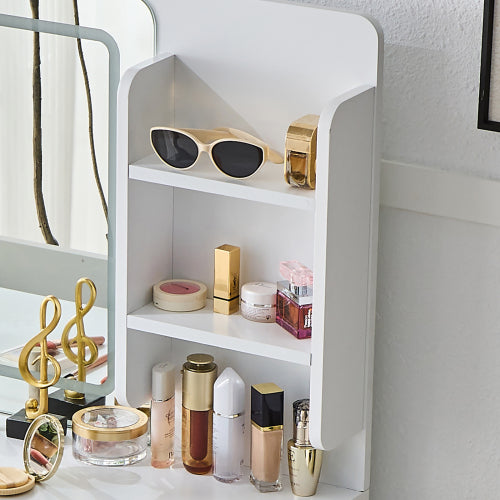 Modern Makeup Vanity Desk with LED Lights & Mirror, 4 Drawer Dressing Table Set with Stool, 3 Colors Dimmable Brightness, Space-Saving for Bedroom, White