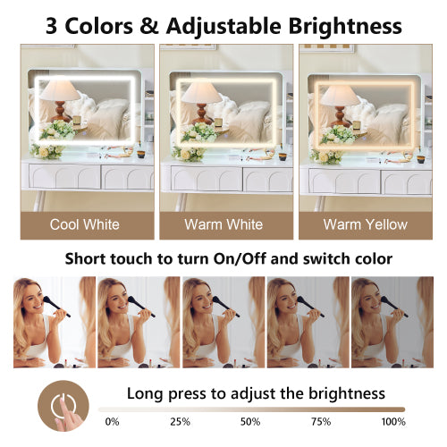 Modern Makeup Vanity Desk with LED Lights & Mirror, 4 Drawer Dressing Table Set with Stool, 3 Colors Dimmable Brightness, Space-Saving for Bedroom, White