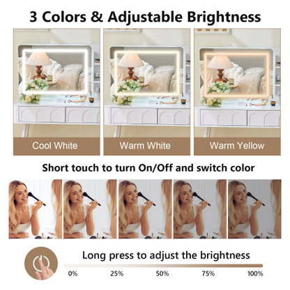 Modern Makeup Vanity Desk with LED Lights & Mirror, 4 Drawer Dressing Table Set with Stool, 3 Colors Dimmable Brightness, Space-Saving for Bedroom, White