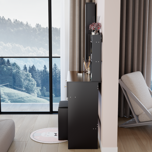 Full Body Mirror Cabinet + Round Mirror LED Vanity Table + Cushioned Stool, 17" diameter LED Mirror, Touch Control, 3-color, Brightness adjustable, Large Desktop, Multi-layer High Capacity Storage