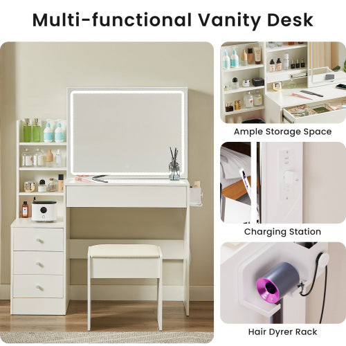 Vanity table with LED-lit mirror with power outlet and hairdryer shelving, with 4 drawers and upholstered stool, brightness adjustable in 3 lighting modes, storage table, White,43.3"L *15.7"W *55.4"H