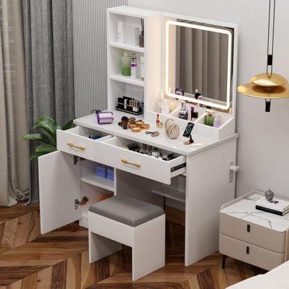 32'' Wide Makeup Vanity Desk with Lighted Mirror and Power Outlet, Dressing Table with Large Storage Space and Cushioned Stool for Bedroom & Studio