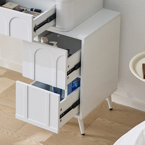 Modern Makeup Vanity Desk with LED Lights & Mirror, 4 Drawer Dressing Table Set with Stool, 3 Colors Dimmable Brightness, Space-Saving for Bedroom, White