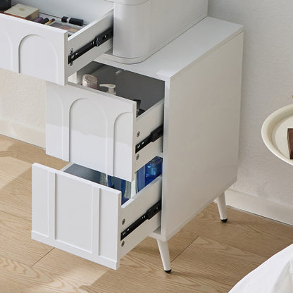 Modern Makeup Vanity Desk with LED Lights & Mirror, 4 Drawer Dressing Table Set with Stool, 3 Colors Dimmable Brightness, Space-Saving for Bedroom, White