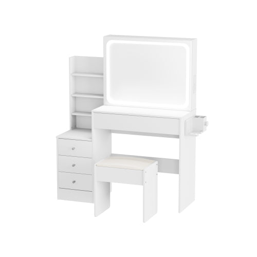 Vanity table with LED-lit mirror with power outlet and hairdryer shelving, with 4 drawers and upholstered stool, brightness adjustable in 3 lighting modes, storage table, White,43.3"L *15.7"W *55.4"H