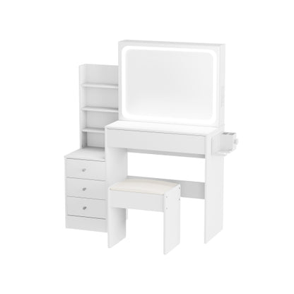 Vanity table with LED-lit mirror with power outlet and hairdryer shelving, with 4 drawers and upholstered stool, brightness adjustable in 3 lighting modes, storage table, White,43.3"L *15.7"W *55.4"H