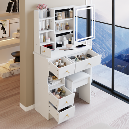 29.2" Small Size Left Drawer Desktop Vanity Table + Cushioned Stool, 2 AC+2 USB Power Station, Hair dryer bracket, Extra Large Touch Control Sliding LED Mirror, Tri-color Switching, Brightness Adjust