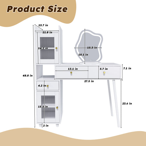 Vanity Dressing Table with LED Mirror & Storage – White Makeup Desk Features 3 Drawers, 2 Open Shelves & 4 Hidden Cabinets (Transparent Doors) - 3 Adjustable Lighting Modes - Ideal for Bedroom or Livi