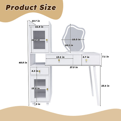 Vanity Dressing Table with LED Mirror & Storage – White Makeup Desk Features 3 Drawers, 2 Open Shelves & 4 Hidden Cabinets (Transparent Doors) - 3 Adjustable Lighting Modes - Ideal for Bedroom or Livi