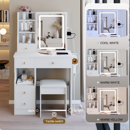 29.2" Small Size Left Drawer Desktop Vanity Table + Cushioned Stool, 2 AC+2 USB Power Station, Hair dryer bracket, Extra Large Touch Control Sliding LED Mirror, Tri-color Switching, Brightness Adjust