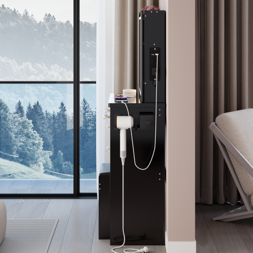 37" Middle Size Left Bedside Cabinet Vanity Table + Cushioned Stool Dresser Set, 2 AC+2 USB Socket, Hair Dryer Stand, Large Touch Control LED Sliding Mirror, 3-color Switch, EPA, GCC, UL Certificate