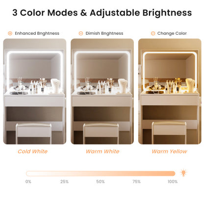 Vanity table with LED-lit mirror with power outlet and hairdryer shelving, with 4 drawers and upholstered stool, brightness adjustable in 3 lighting modes, storage table, White,43.3"L *15.7"W *55.4"H