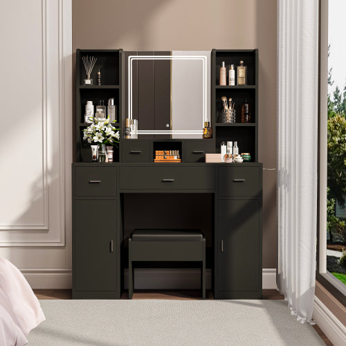 The Black dressing table with LED mirror is equipped with a hair dryer rack, and the dressing tables in the bedroom and dressing room are equipped with dressing stools