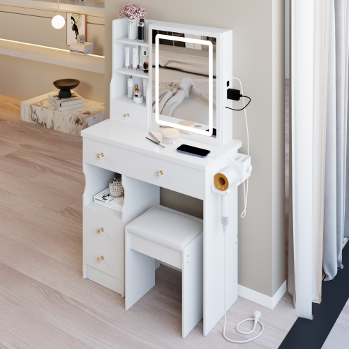 29.2" Small Size Left Drawer Desktop Vanity Table + Cushioned Stool, 2 AC+2 USB Power Station, Hair dryer bracket, Extra Large Touch Control Sliding LED Mirror, Tri-color Switching, Brightness Adjust