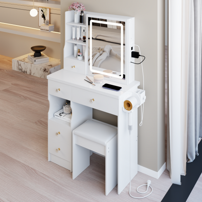 29.2" Small Size Left Drawer Desktop Vanity Table + Cushioned Stool, 2 AC+2 USB Power Station, Hair dryer bracket, Extra Large Touch Control Sliding LED Mirror, Tri-color Switching, Brightness Adjust