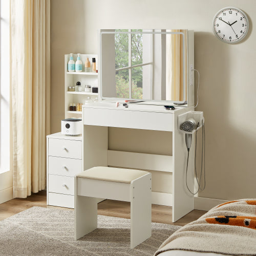 Vanity table with LED-lit mirror with power outlet and hairdryer shelving, with 4 drawers and upholstered stool, brightness adjustable in 3 lighting modes, storage table, White,43.3"L *15.7"W *55.4"H