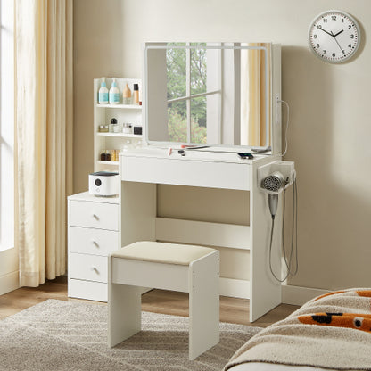 Vanity table with LED-lit mirror with power outlet and hairdryer shelving, with 4 drawers and upholstered stool, brightness adjustable in 3 lighting modes, storage table, White,43.3"L *15.7"W *55.4"H
