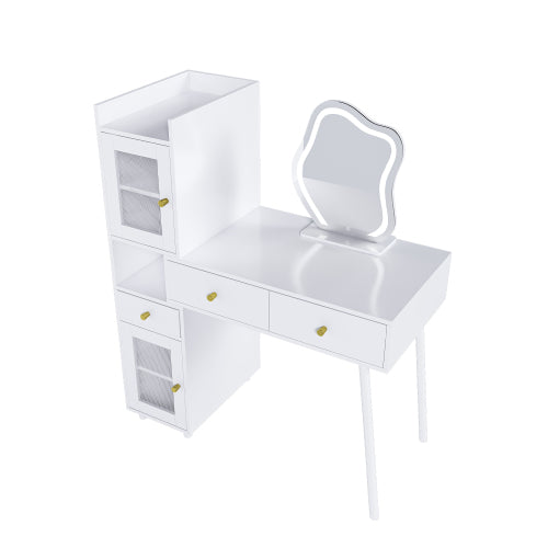 Vanity Dressing Table with LED Mirror & Storage – White Makeup Desk Features 3 Drawers, 2 Open Shelves & 4 Hidden Cabinets (Transparent Doors) - 3 Adjustable Lighting Modes - Ideal for Bedroom or Livi