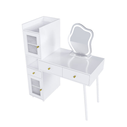 Vanity Dressing Table with LED Mirror & Storage – White Makeup Desk Features 3 Drawers, 2 Open Shelves & 4 Hidden Cabinets (Transparent Doors) - 3 Adjustable Lighting Modes - Ideal for Bedroom or Livi