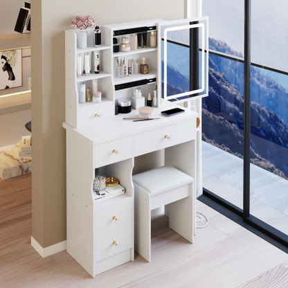29.2" Small Size Left Drawer Desktop Vanity Table + Cushioned Stool, 2 AC+2 USB Power Station, Hair dryer bracket, Extra Large Touch Control Sliding LED Mirror, Tri-color Switching, Brightness Adjust