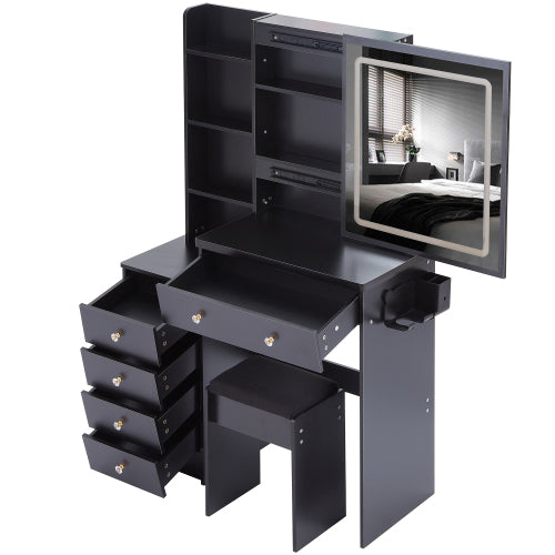 37" Middle Size Left Bedside Cabinet Vanity Table + Cushioned Stool Dresser Set, 2 AC+2 USB Socket, Hair Dryer Stand, Large Touch Control LED Sliding Mirror, 3-color Switch, EPA, GCC, UL Certificate