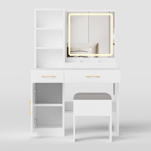 32'' Wide Makeup Vanity Desk with Lighted Mirror and Power Outlet, Dressing Table with Large Storage Space and Cushioned Stool for Bedroom & Studio