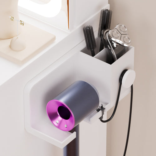 Vanity table with LED-lit mirror with power outlet and hairdryer shelving, with 4 drawers and upholstered stool, brightness adjustable in 3 lighting modes, storage table, White,43.3"L *15.7"W *55.4"H