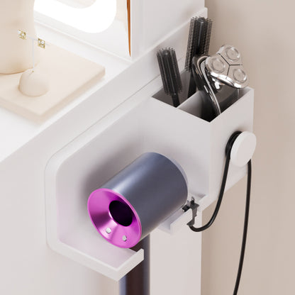 Vanity table with LED-lit mirror with power outlet and hairdryer shelving, with 4 drawers and upholstered stool, brightness adjustable in 3 lighting modes, storage table, White,43.3"L *15.7"W *55.4"H