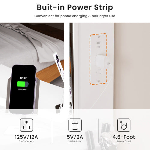 Vanity table with LED-lit mirror with power outlet and hairdryer shelving, with 4 drawers and upholstered stool, brightness adjustable in 3 lighting modes, storage table, White,43.3"L *15.7"W *55.4"H