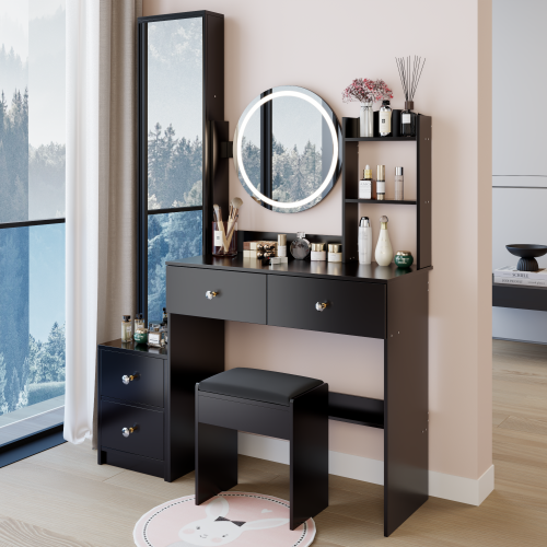 Full Body Mirror Cabinet + Round Mirror LED Vanity Table + Cushioned Stool, 17" diameter LED Mirror, Touch Control, 3-color, Brightness adjustable, Large Desktop, Multi-layer High Capacity Storage