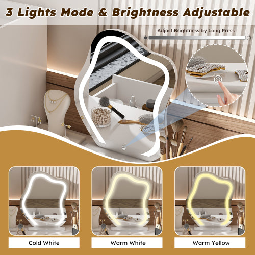 Vanity Dressing Table with LED Mirror & Storage – White Makeup Desk Features 3 Drawers, 2 Open Shelves & 4 Hidden Cabinets (Transparent Doors) - 3 Adjustable Lighting Modes - Ideal for Bedroom or Livi