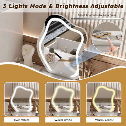 Vanity Dressing Table with LED Mirror & Storage – White Makeup Desk Features 3 Drawers, 2 Open Shelves & 4 Hidden Cabinets (Transparent Doors) - 3 Adjustable Lighting Modes - Ideal for Bedroom or Livi