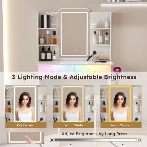 Vanity Desk with LED Lights Mirror & Power Outlet,Vanity Table Set with Storage Drawers & Chair, 3 Lighting Modes & Led RGB Adjustable Brightness, Dressing Table for Women Girls Bedroom, White