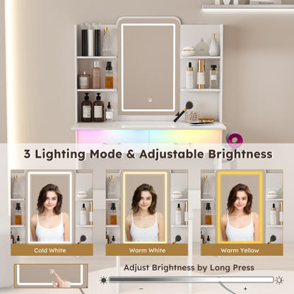 Vanity Desk with LED Lights Mirror & Power Outlet,Vanity Table Set with Storage Drawers & Chair, 3 Lighting Modes & Led RGB Adjustable Brightness, Dressing Table for Women Girls Bedroom, White