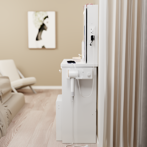 29.2" Small Size Left Drawer Desktop Vanity Table + Cushioned Stool, 2 AC+2 USB Power Station, Hair dryer bracket, Extra Large Touch Control Sliding LED Mirror, Tri-color Switching, Brightness Adjust