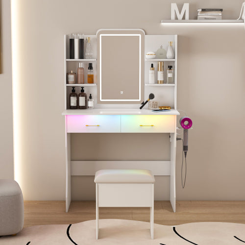 Vanity Desk with LED Lights Mirror & Power Outlet,Vanity Table Set with Storage Drawers & Chair, 3 Lighting Modes & Led RGB Adjustable Brightness, Dressing Table for Women Girls Bedroom, White