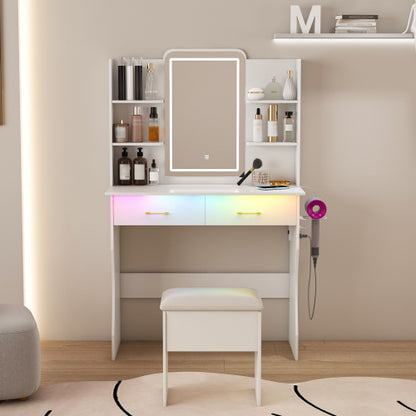 Vanity Desk with LED Lights Mirror & Power Outlet,Vanity Table Set with Storage Drawers & Chair, 3 Lighting Modes & Led RGB Adjustable Brightness, Dressing Table for Women Girls Bedroom, White