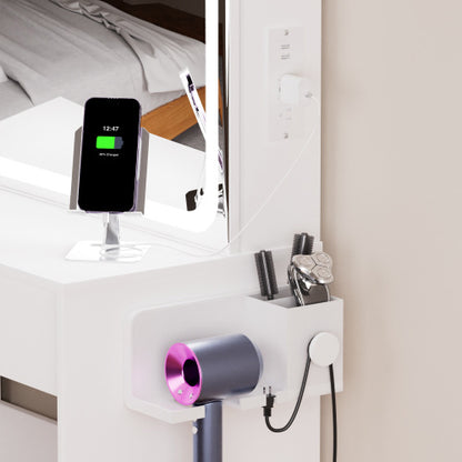 Vanity table with LED-lit mirror with power outlet and hairdryer shelving, with 4 drawers and upholstered stool, brightness adjustable in 3 lighting modes, storage table, White,43.3"L *15.7"W *55.4"H