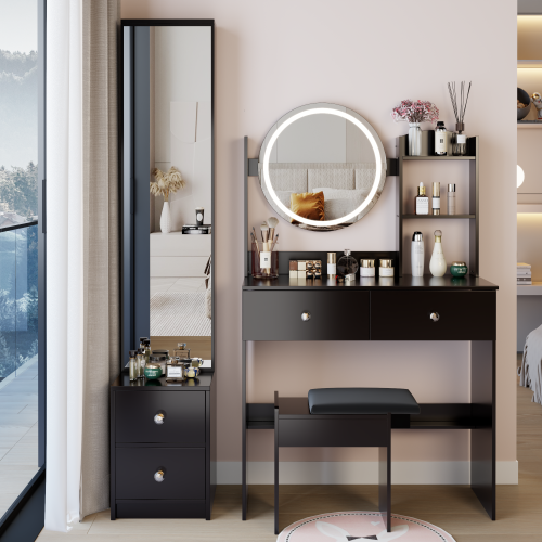 Full Body Mirror Cabinet + Round Mirror LED Vanity Table + Cushioned Stool, 17" diameter LED Mirror, Touch Control, 3-color, Brightness adjustable, Large Desktop, Multi-layer High Capacity Storage