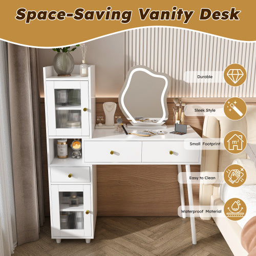 Vanity Dressing Table with LED Mirror & Storage – White Makeup Desk Features 3 Drawers, 2 Open Shelves & 4 Hidden Cabinets (Transparent Doors) - 3 Adjustable Lighting Modes - Ideal for Bedroom or Livi