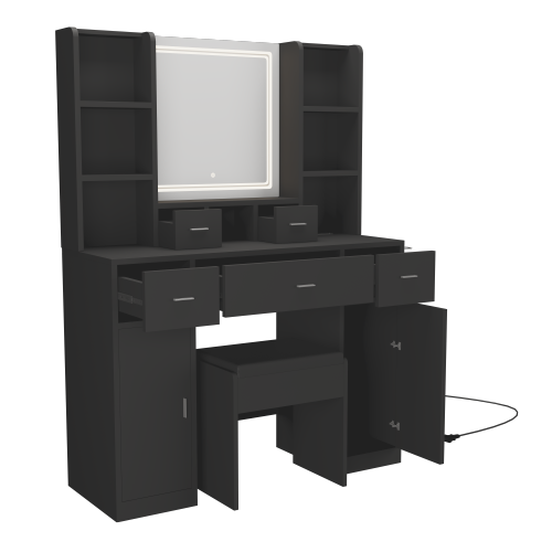 The Black dressing table with LED mirror is equipped with a hair dryer rack, and the dressing tables in the bedroom and dressing room are equipped with dressing stools