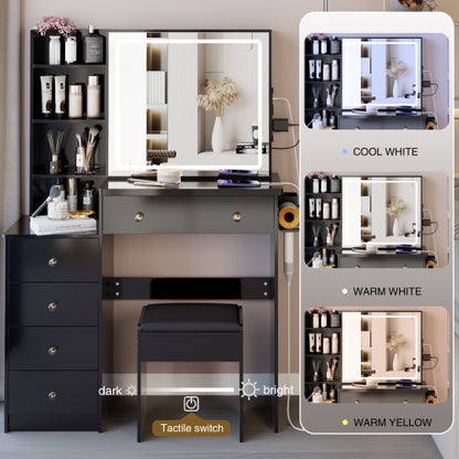 37" Middle Size Left Bedside Cabinet Vanity Table + Cushioned Stool Dresser Set, 2 AC+2 USB Socket, Hair Dryer Stand, Large Touch Control LED Sliding Mirror, 3-color Switch, EPA, GCC, UL Certificate