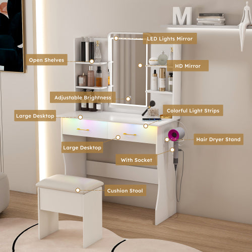 Vanity Desk with LED Lights Mirror & Power Outlet,Vanity Table Set with Storage Drawers & Chair, 3 Lighting Modes & Led RGB Adjustable Brightness, Dressing Table for Women Girls Bedroom, White