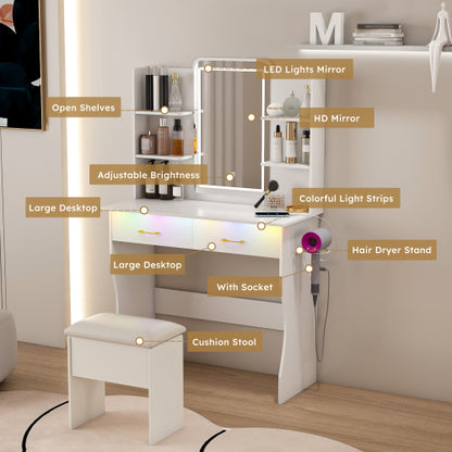 Vanity Desk with LED Lights Mirror & Power Outlet,Vanity Table Set with Storage Drawers & Chair, 3 Lighting Modes & Led RGB Adjustable Brightness, Dressing Table for Women Girls Bedroom, White